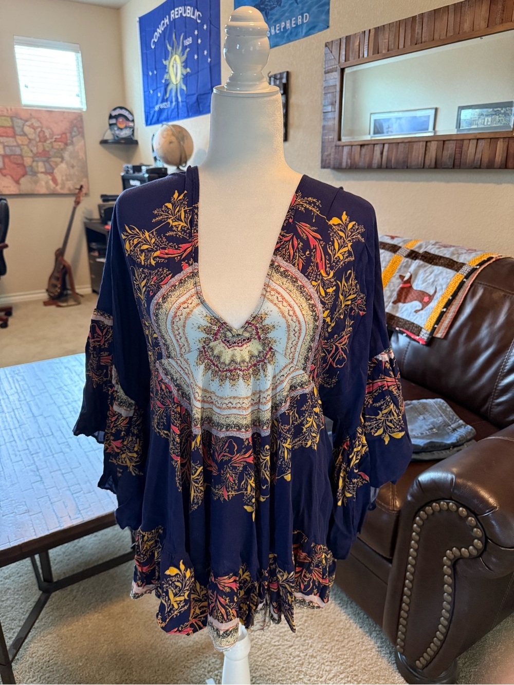 Free People Purple Boho V-Neck Top with Yellow Accents